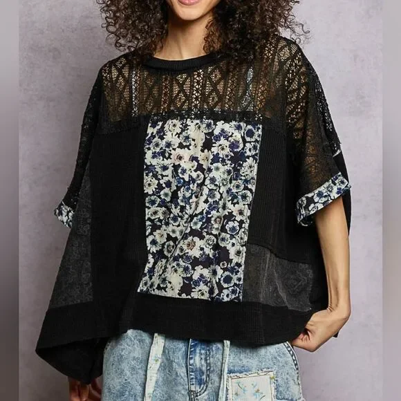 POL Women's Sheer Casual Crochet Patchwork Lace Accent Baggy Knit Shirt sz Mediu